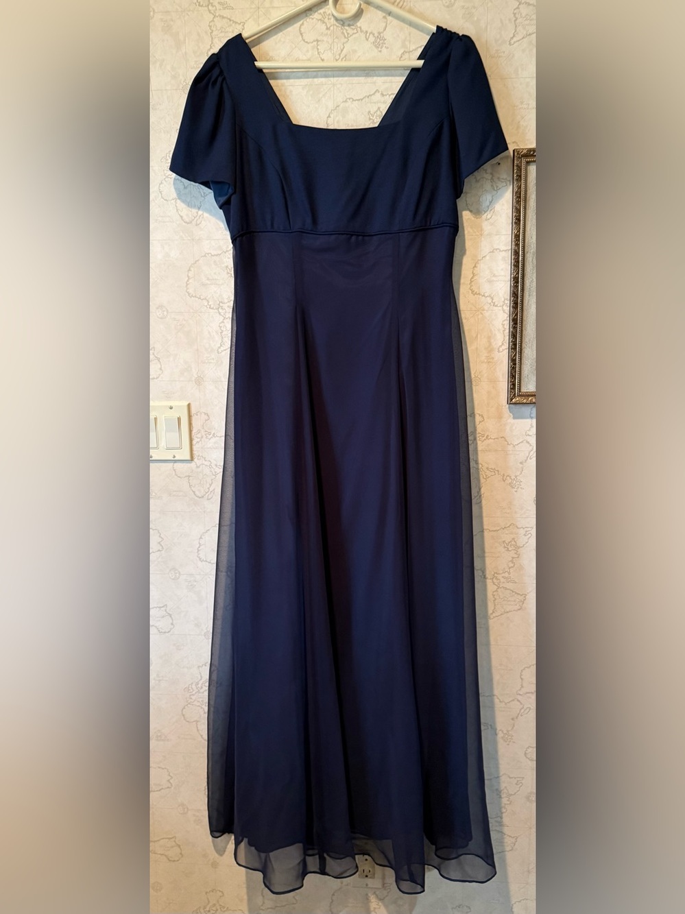 Alfred Angelo Navy Square-Neck Floor Length Dress with Short Sleeves